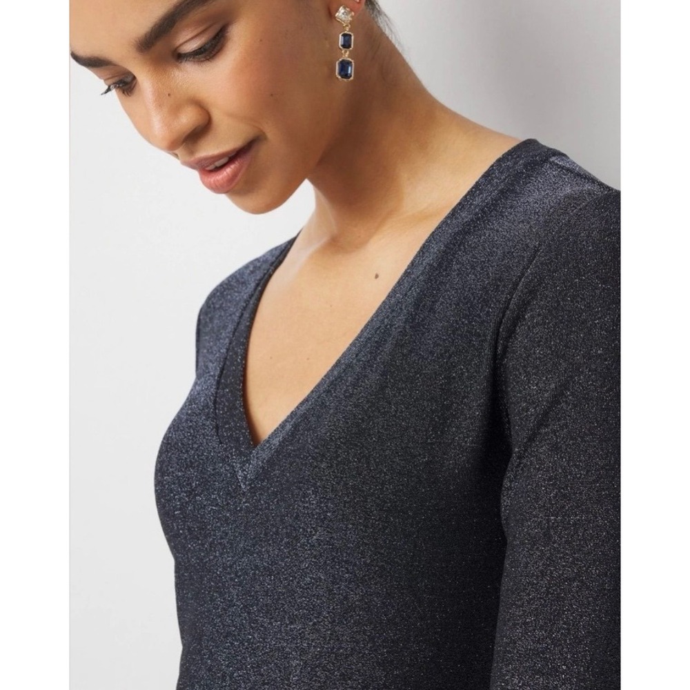 White House Black Market Metallic V-Neck Long Sleeve Top Charcoal Grey Sparkle S